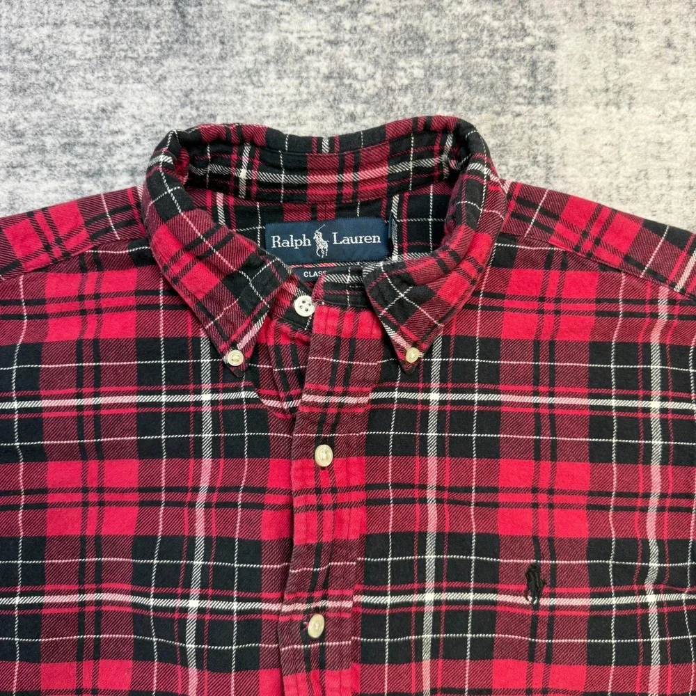 VTG Polo Ralph Lauren Shirt Mens Medium Red Tartan Plaid Heavy Cotton Flannel
